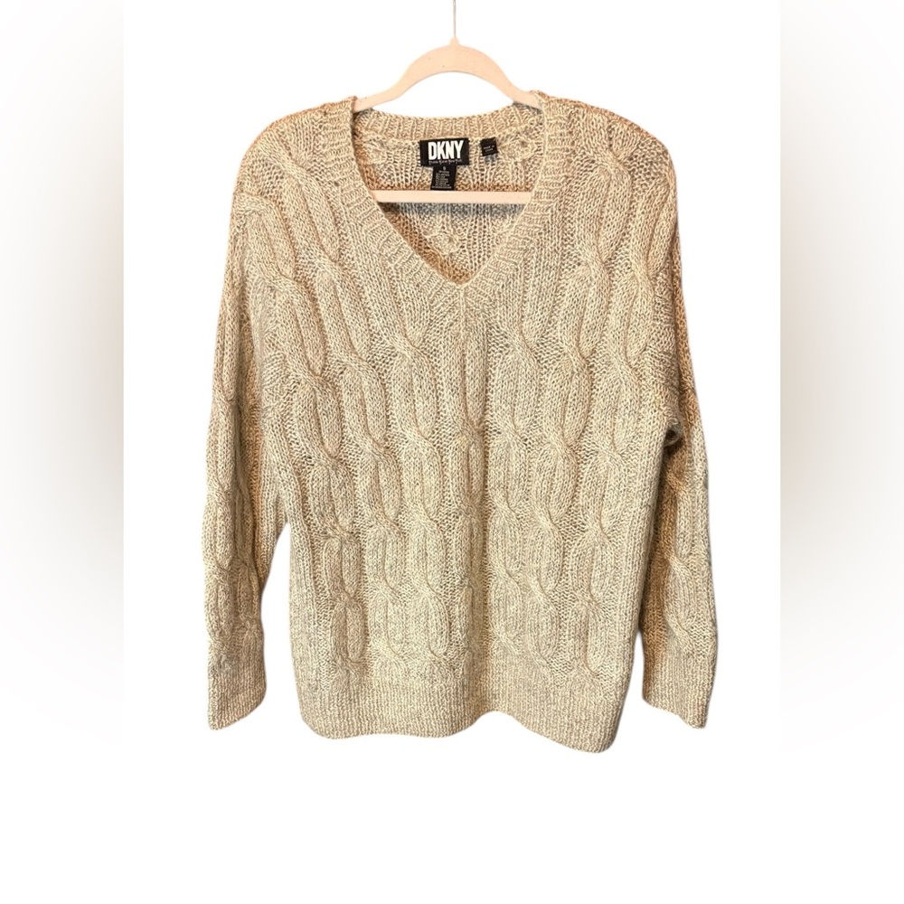 DKNY Women's Silk Wool Blend V-Neck Cable Knit Sweater Tan Size Small